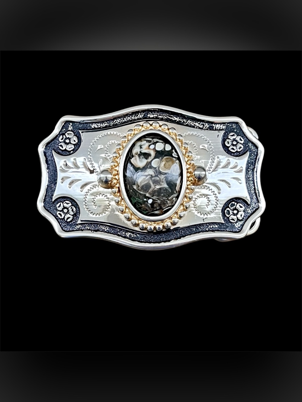 Vintage Western Turritella Agate Belt Buckle Silver Gold Tone Engraved Floral